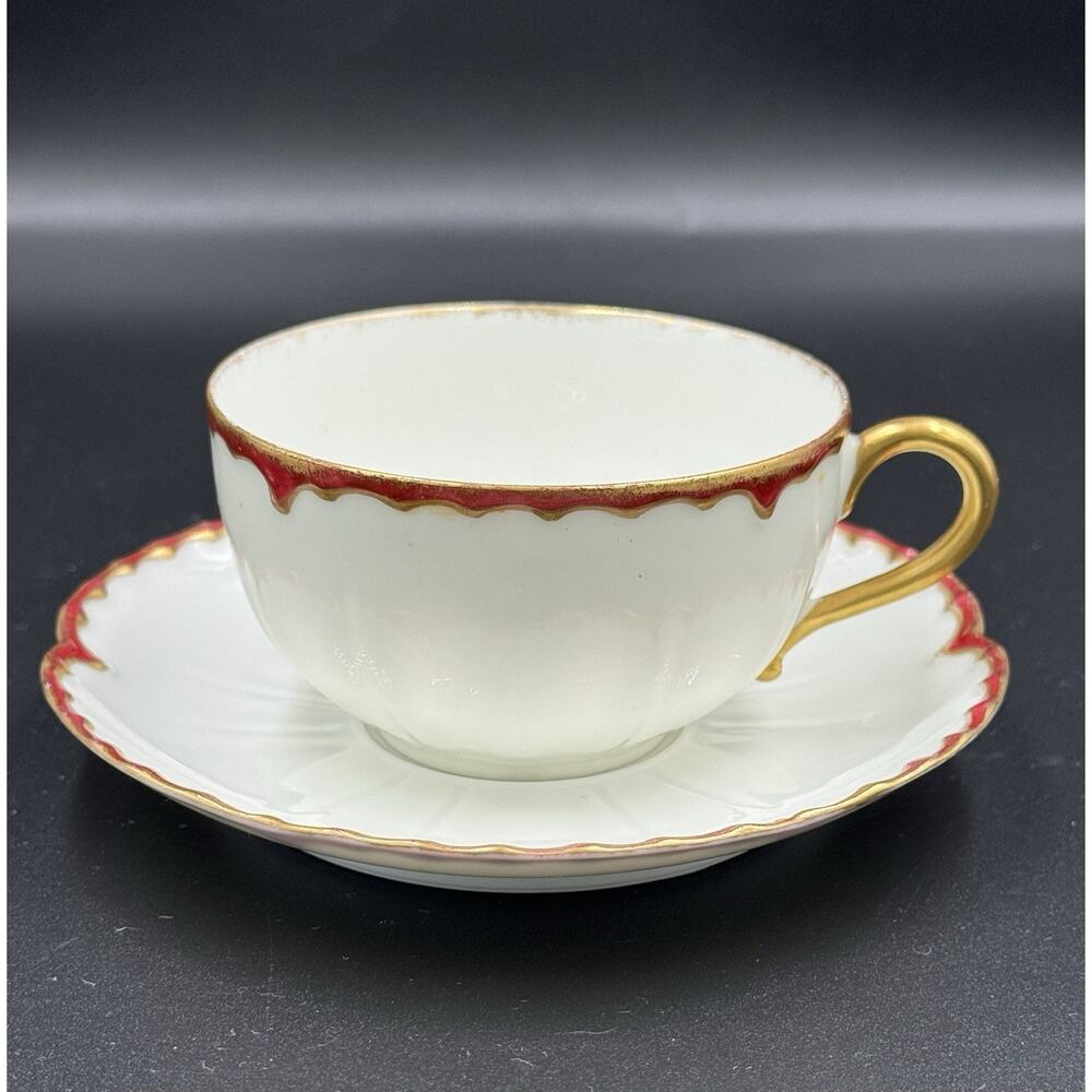 Haviland Limoges France Teacup & Saucer Crimson Red Gold Missouri Glass c1900’s